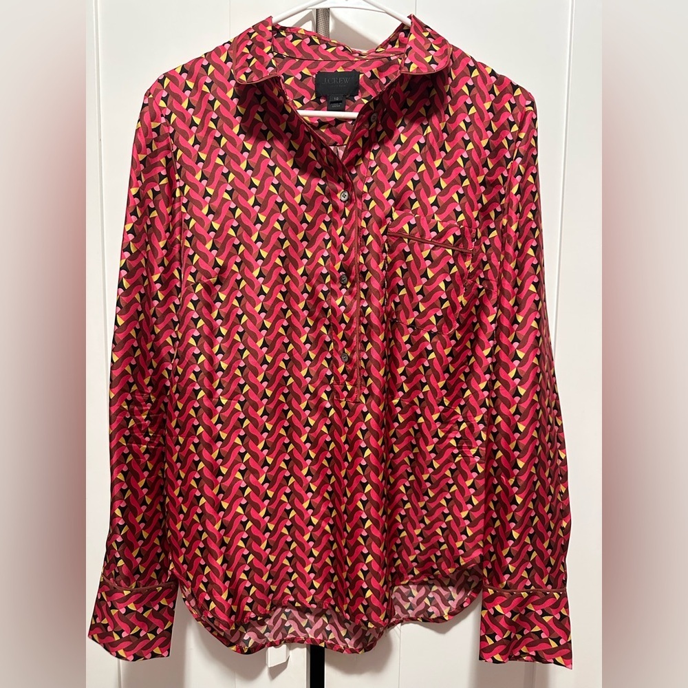 J. Crew 100% Silk Button Up Geometric Print Collared‎ Long Sleeves Size 10 - Picture 2 of 9